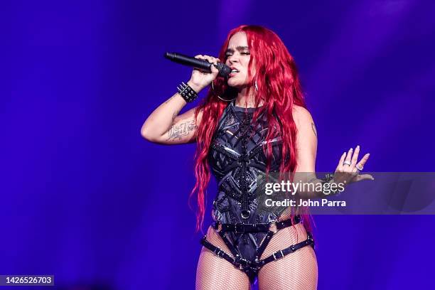 Karol G performs during her "$trip Love" Tour at FTX Arena on September 22, 2022 in Miami, Florida.