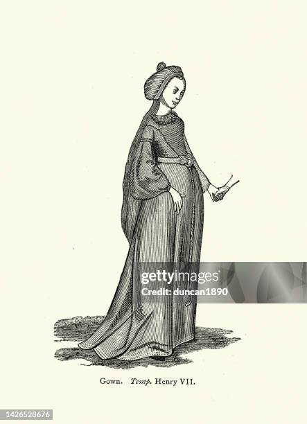 stockillustraties, clipart, cartoons en iconen met tudor period womens fashion, gown from the time of henry vii of england - circa 15th century