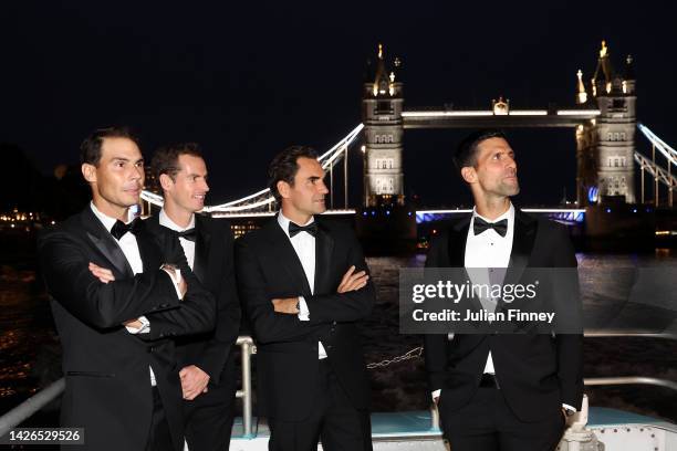 Rafael Nadal, Andy Murray, Roger Federer and Novak Djokovic of Team Europe make their way towards a Gala Dinner at Somerset House via the River...