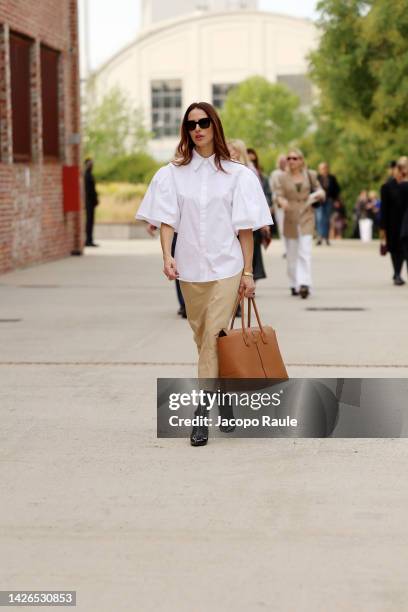 Ludovica Sauer is seen ahead of Tod's fashion show during the Milan Fashion Week - Womenswear Spring/Summer 2023 on September 23, 2022 in Milan,...