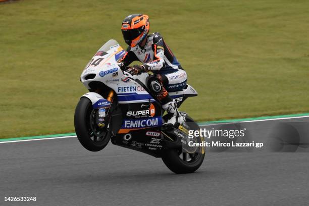 Zona Van de Goorberg of Nederland and RW Racing GP lifts the front wheel during the MotoGP of Japan - Free Practice at Twin Ring Motegi on September...