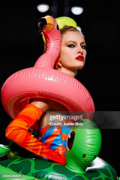 Model walks the runway of the Moschino Fashion Show during the Milan Fashion Week Womenswear Spring/Summer 2023 on September 22, 2022 in Milan, Italy.