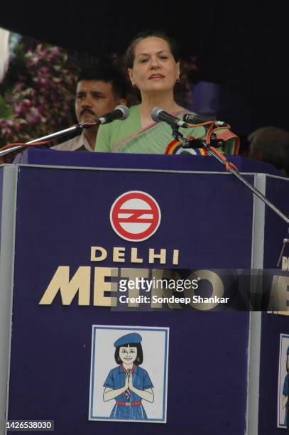Congress President Sonia Gandhi addressing a launch function at Central Secretariat underground Metro Station in New Delhi.