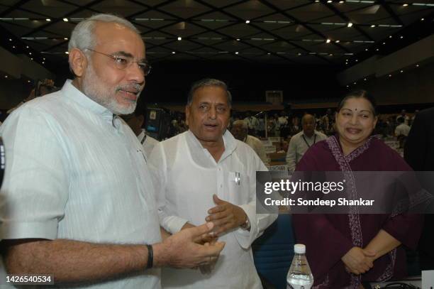 Chief Ministers Narendra Modi, Gujrat, Mulayam Singh Yadav, Uttar Pradesh and J Jayalalithaa, Tamil Nadu during a National Development Council...