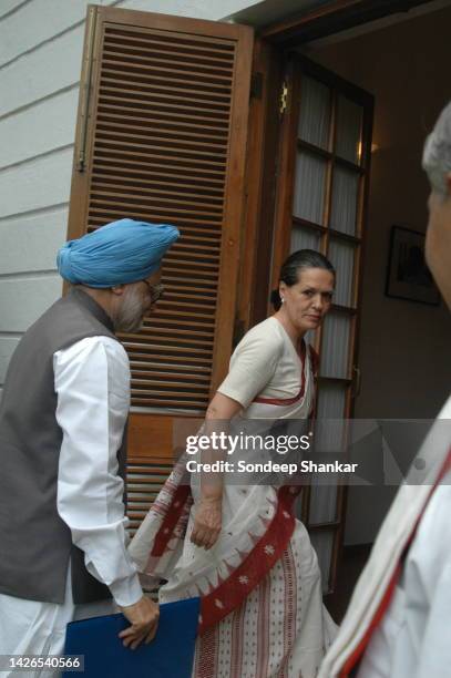 Prime Minister Manmohan Singh with Congress President Sonia Gandhi at her residence in New Delhi.