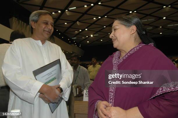 Odisha Chief Minister Naveen Patnaik with his Tamil Nadu counterpart J Jayalalitha during a National Development Council meeting in New Delhi.