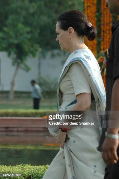 Congress President Sonia Gandhi at the memorial monument of her brother-in- law Sanjay Gandhi who was killed in a micro-aircraft crash in New Delhi.