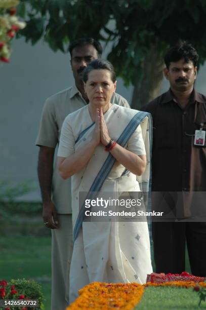 Congress President Sonia Gandhi at the memorial monument of her brother-in- law Sanjay Gandhi who was killed in a micro-aircraft crash in New Delhi.