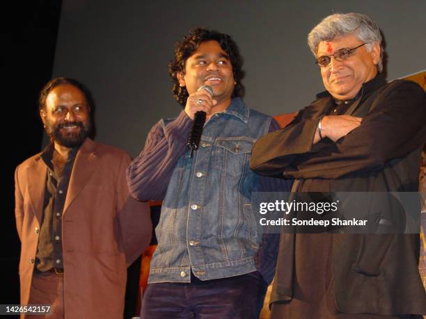 Director Ketan Mehta, Music Director A R Rahman and script writer and lyricist Javed Akhtar during the music release of film Mangal Pandey - The...