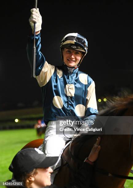 Jamie Kah riding Coolangatta after winning Race 7, the Charter Keck Cramer Moir Stakes during Moir Stakes Night at Moonee Valley Racecourse on...