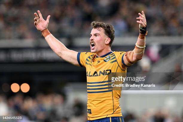 Clinton Gutherson of the Eels celebrates winning the NRL Preliminary Final match between the North Queensland Cowboys and the Parramatta Eels at...