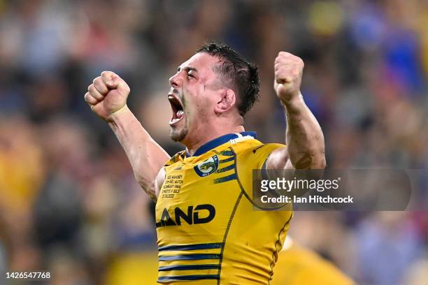 Reed Mahoney of the Eels celebrates after winning the NRL Preliminary Final match between the North Queensland Cowboys and the Parramatta Eels at...