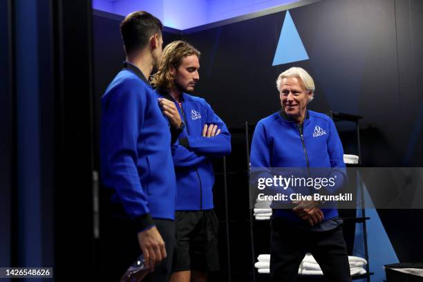 Novak Djokovic and Stefanos Tsitsipas of Team Europe and Bjorn Borg, Captain of Team Europe speak in the locker room during Day One of the Laver Cup...