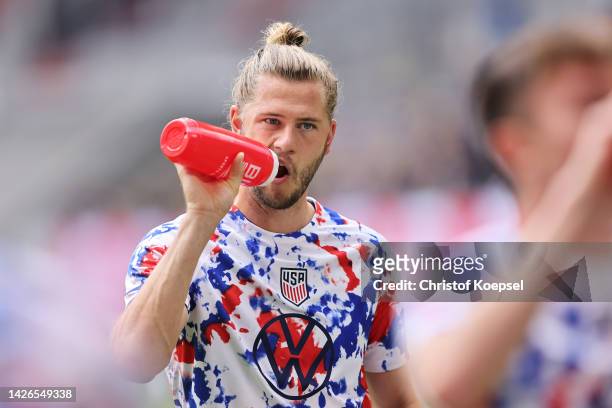 Walker Zimmerman of Team United States takes a drink prior to the International Friendly match between Japan and United States at Merkur Spiel-Arena...