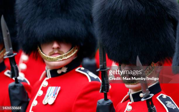 Moustachioed soldiers of the 1st Battalion Grenadier Guards form part of a Guard of Honour at the Committal Service for Queen Elizabeth II at St...
