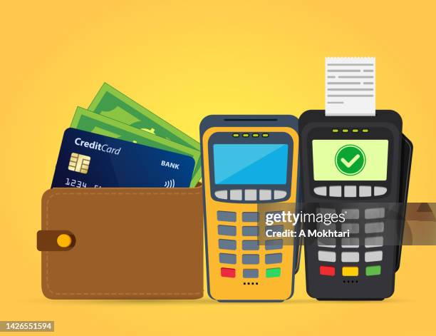 ilustraciones, imágenes clip art, dibujos animados e iconos de stock de icono del terminal de pago con confirmación de pago y con monedero. - cartera vacía