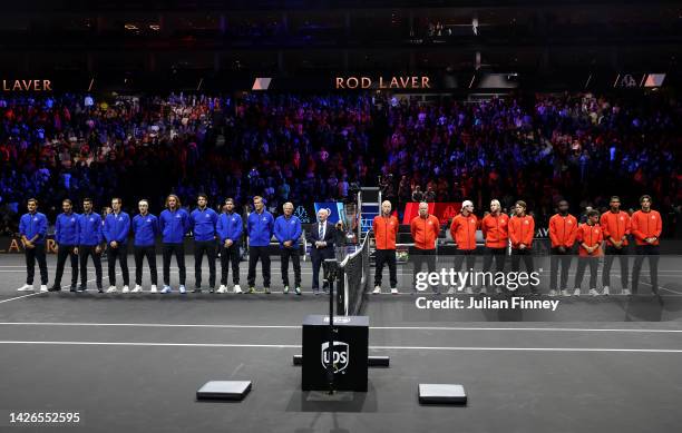 Players of Team Europe and Team World line up alongside Rod Laver and the Laver Cup trophy during Day One of the Laver Cup at The O2 Arena on...