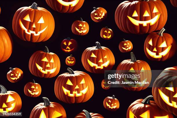 halloween pumpkins - pumpkins in a row stock pictures, royalty-free photos & images