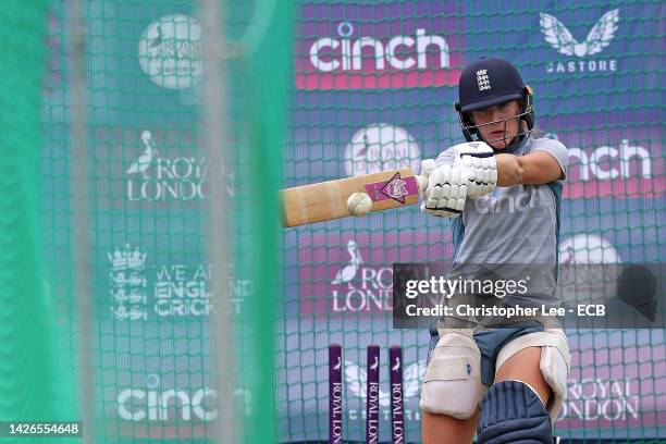 Emma Lamb of England batting in the nets during the England Nets Session at Lord's Cricket Ground on September 23, 2022 in London, England.