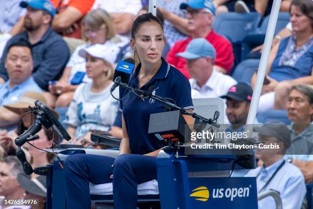 September 04: Chair umpire Marijana Veljovic of Serbia during the US Open Tennis Championship 2022 at the USTA National Tennis Centre on September...