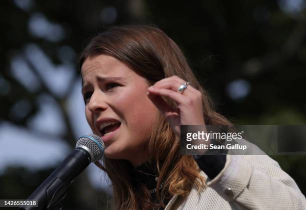 Luisa Neubauer, prominent member of the Fridays for Future climate action movement in Germany, speaks during a global climate strike on September 23,...
