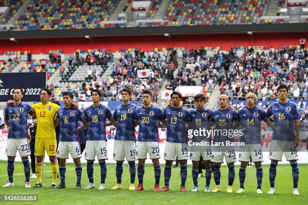 Team Japan line up on pitch prior to the International Friendly match between Japan and United States at Merkur Spiel-Arena on September 23, 2022 in...