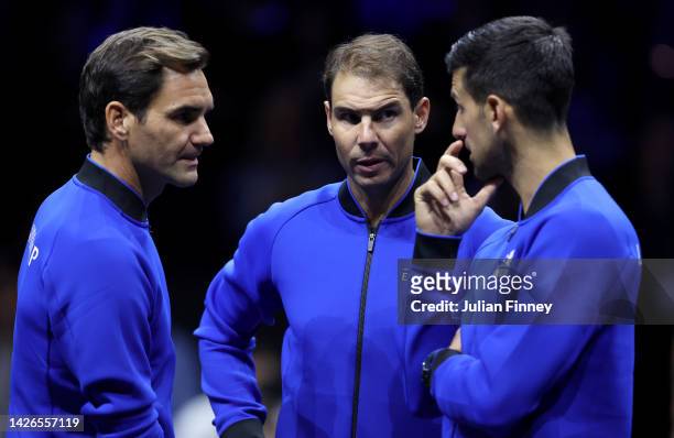 Roger Federer, Rafael Nadal and Novak Djokovic of Team Europe talk on centre court during Day One of the Laver Cup at The O2 Arena on September 23,...