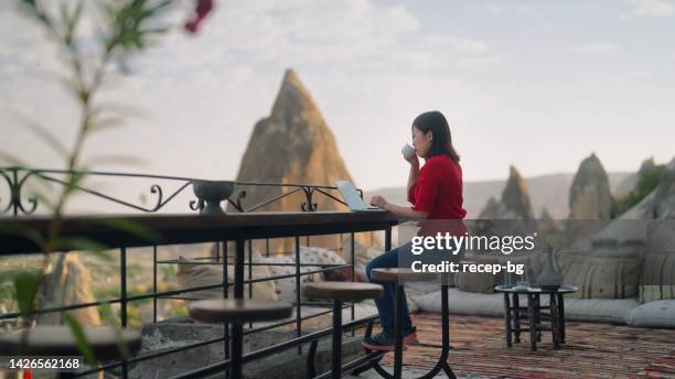 young female freelancer tourist using her laptop at rooftop patio of hotel - wonderlust computer stock pictures, royalty-free photos & images