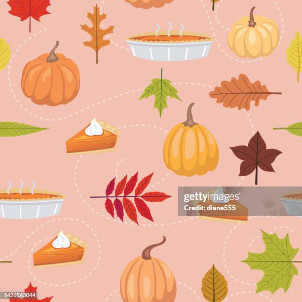 autumn pumpkin pie and fall leaves seamless pattern - pumpkin pie vector stock illustrations