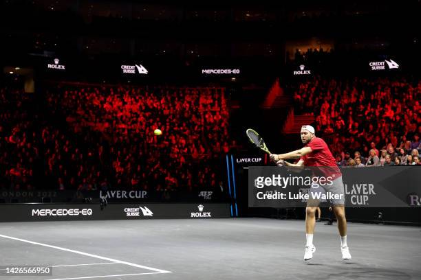 Jack Sock of Team World plays a backhand shot during the match between Jack Sock of Team World and Casper Ruud of Team Europe during Day One of the...