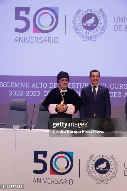 The president of the Junta de Andalucia, Juanma Moreno, with the rector of the University of Malaga, Jose Angel Navaez, during the opening ceremony...