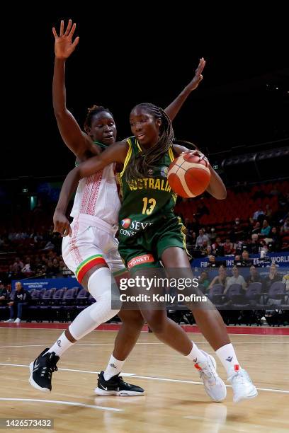 Ezi Magbegor of Australia handles the ball against Sika Kone of Mali during the 2022 FIBA Women's Basketball World Cup Group B match between...