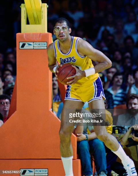Lakers Kareem Abdul-Jabbar during 1985 NBA Finals between Los Angeles Lakers and Boston Celtics, June 4, 1985 in Inglewood, California.