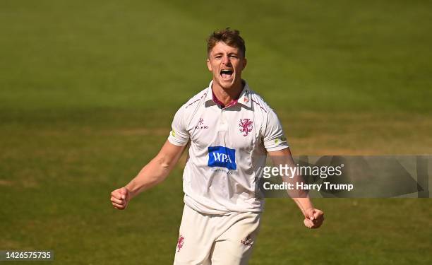 Tom Abell of Somerset celebrates the wicket of Jack White of Northamptonshire to win the match during Day Four of the LV= Insurance County...