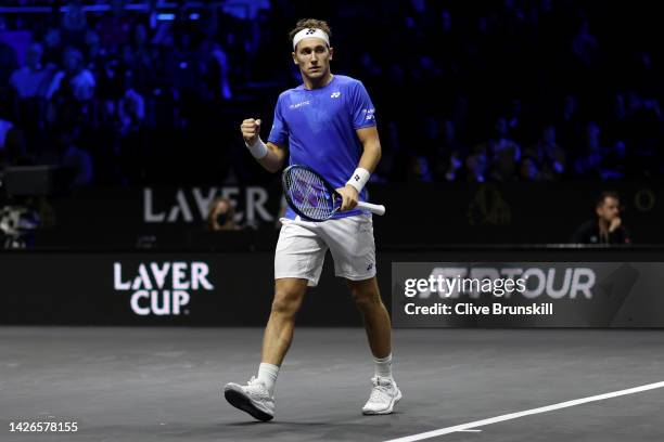 Casper Ruud of Team Europe reacts during the match between Jack Sock of Team World and Casper Ruud of Team Europe during Day One of the Laver Cup at...