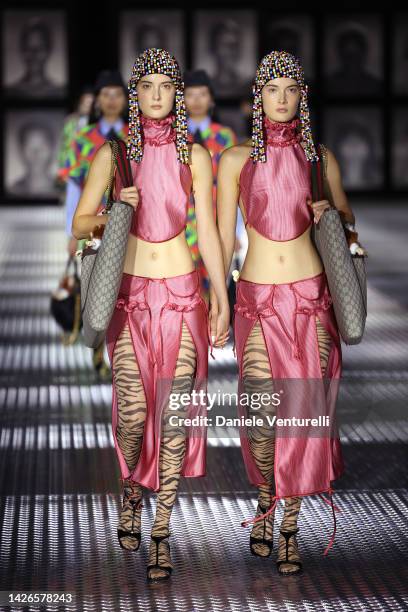 Models walk the runway of the Gucci Twinsburg Show during Milan Fashion Week Spring/Summer 2023 on September 23, 2022 in Milan, Italy.