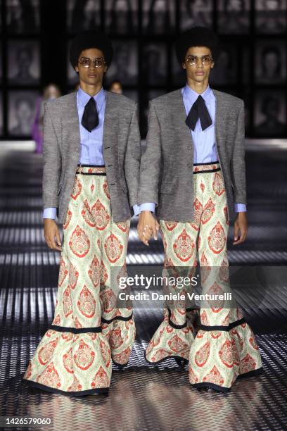 Models walk the runway of the Gucci Twinsburg Show during Milan Fashion Week Spring/Summer 2023 on September 23, 2022 in Milan, Italy.