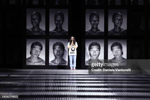 Fashion Designer Alessandro Michele acknowledges the applause of the audience during the Gucci Twinsburg Show during Milan Fashion Week Spring/Summer...