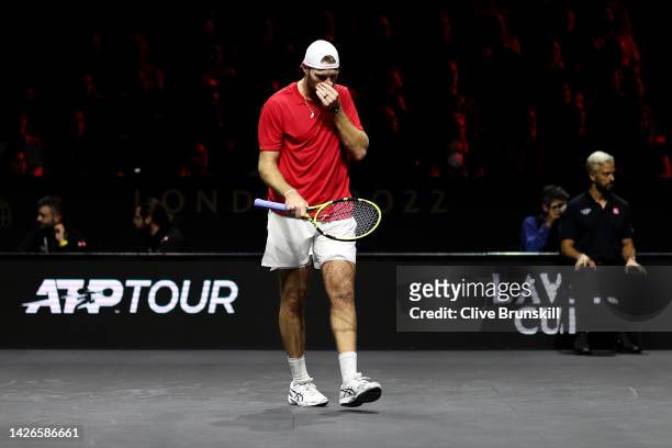 Jack Sock of Team World looks dejected during the match between Jack Sock of Team World and Casper Ruud of Team Europe during Day One of the Laver...