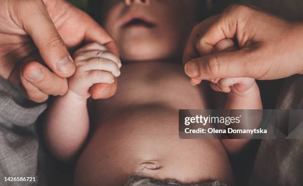 the parents are holding the hands of the newborn with their hands - neugeborenes stock-fotos und bilder