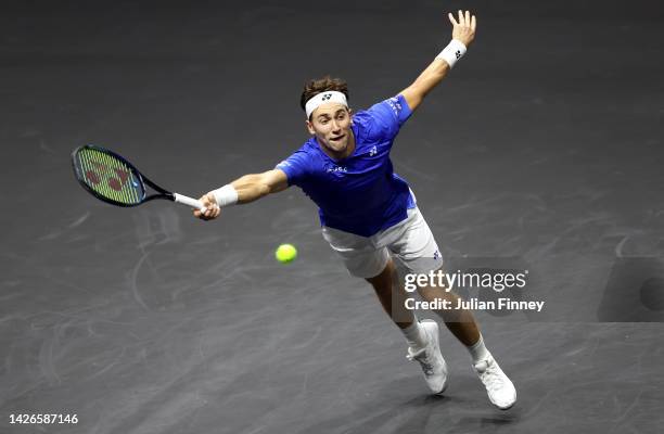 Casper Ruud of Team Europe stretches for a forehand shot during the match between Jack Sock of Team World and Casper Ruud of Team Europe during Day...