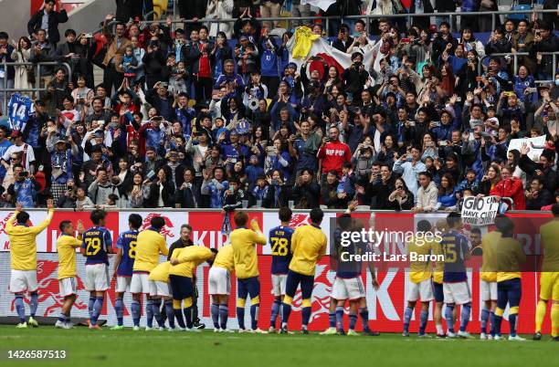 Team Japan show appreciation to their fans following the International Friendly match between Japan and United States at Merkur Spiel-Arena on...