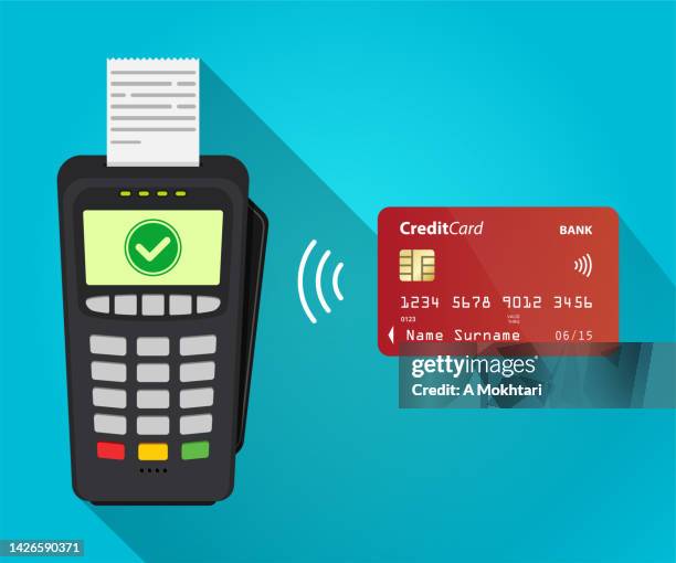 contactless payment by bank card. - pos machine stock illustrations