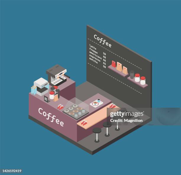 coffee shop isometric vector - isometric building entrance stock illustrations