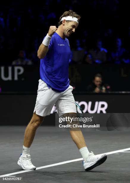 Casper Ruud of Team Europe celebrates their victory during the match against Jack Sock of Team World during Day One of the Laver Cup at The O2 Arena...