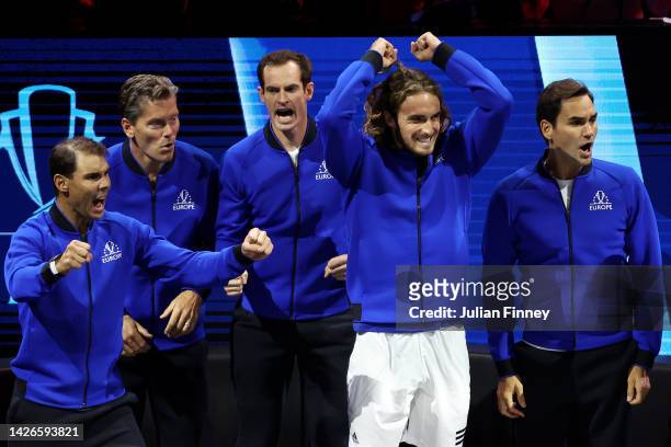 Players of Team Europe celebrate teammate Casper Ruud's victory during the match against Jack Sock of Team World and during Day One of the Laver Cup...