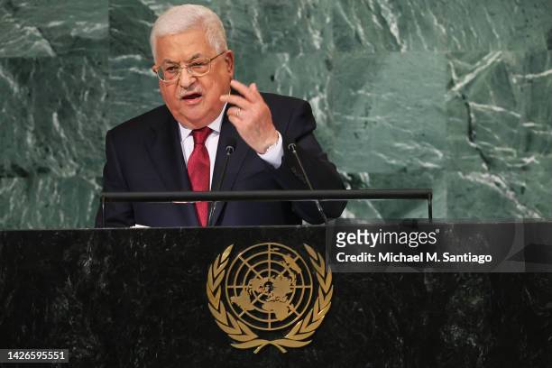 President of the State of Palestine Mahmoud Abbas speaks at the 77th session of the United Nations General Assembly at U.N. Headquarters on September...