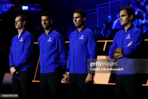 Andy Murray, Novak Djokovic, Rafael Nadal and Roger Federer of Team Europe line up during Day One of the Laver Cup at The O2 Arena on September 23,...