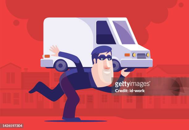 ilustrações de stock, clip art, desenhos animados e ícones de thief carrying car on back - hijack