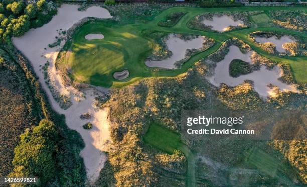 An aerial overhead view of the 134 yards par 3, 15th hole 'Little Eye' which will play as the par 3, 17th hole in the 2023 Open Championship at Royal...